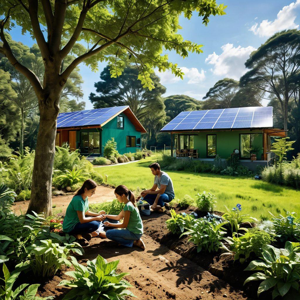 A serene landscape showcasing a lush green forest with diverse flora and fauna, symbolizing harmony with nature. In the foreground, depict a family engaging in eco-friendly activities like planting trees and using reusable bags, surrounded by solar panels and a small vegetable garden. The sky is bright and clear, radiating a sense of hope and sustainability. The overall mood is inviting, warm, and inspiring, reflecting a commitment to a sustainable future. vibrant colors. super-realistic. natural lighting.