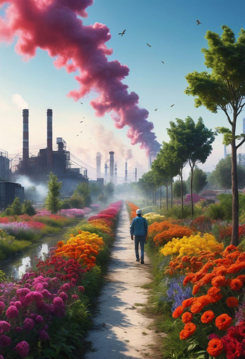 A striking visual of a diverse landscape transitioning from a polluted urban area to a thriving biodiverse ecosystem. Show contrasting elements like factories emitting smoke on one side, morphing into lush greenery, vibrant flowers, and various wildlife on the other. Incorporate human figures engaging in eco-friendly practices like planting trees and observing nature. The use of bright colors and a clear sky evokes hope and positive change. super-realistic. vibrant colors. white background.